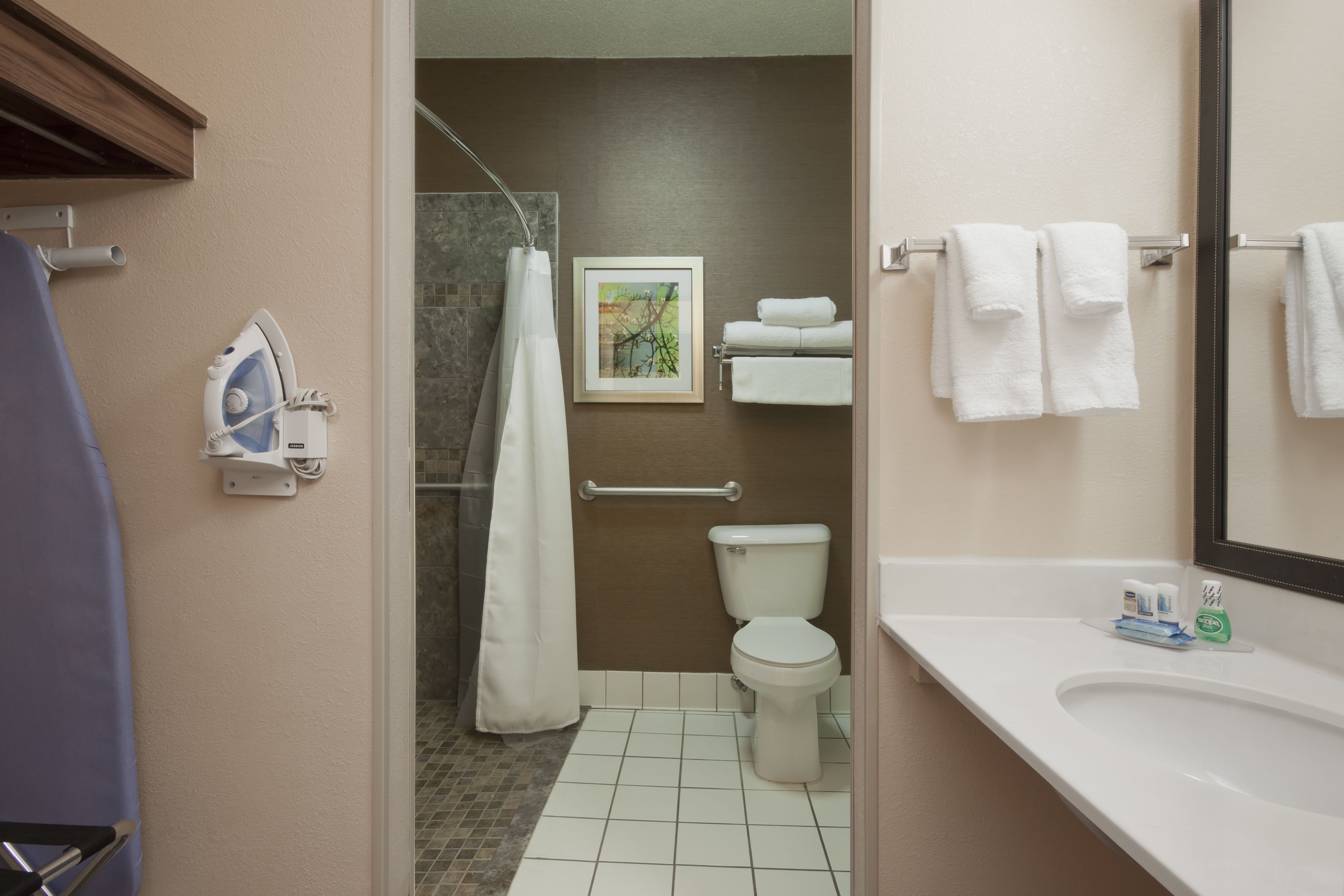 combined shower/bathtub, free toiletries, hair dryer, towels