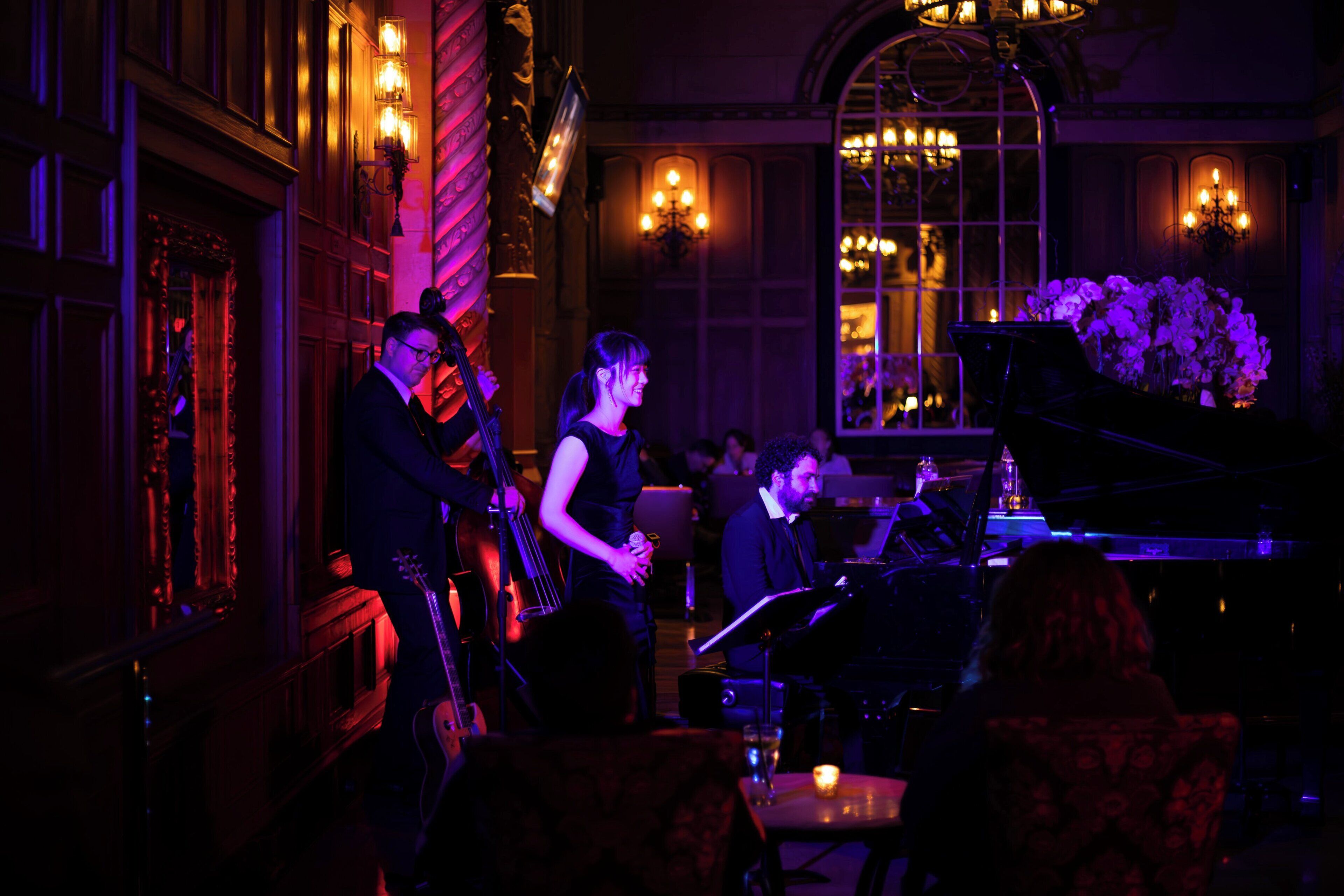 A dimly lit room with a grand piano, a violinist, and a cellist.