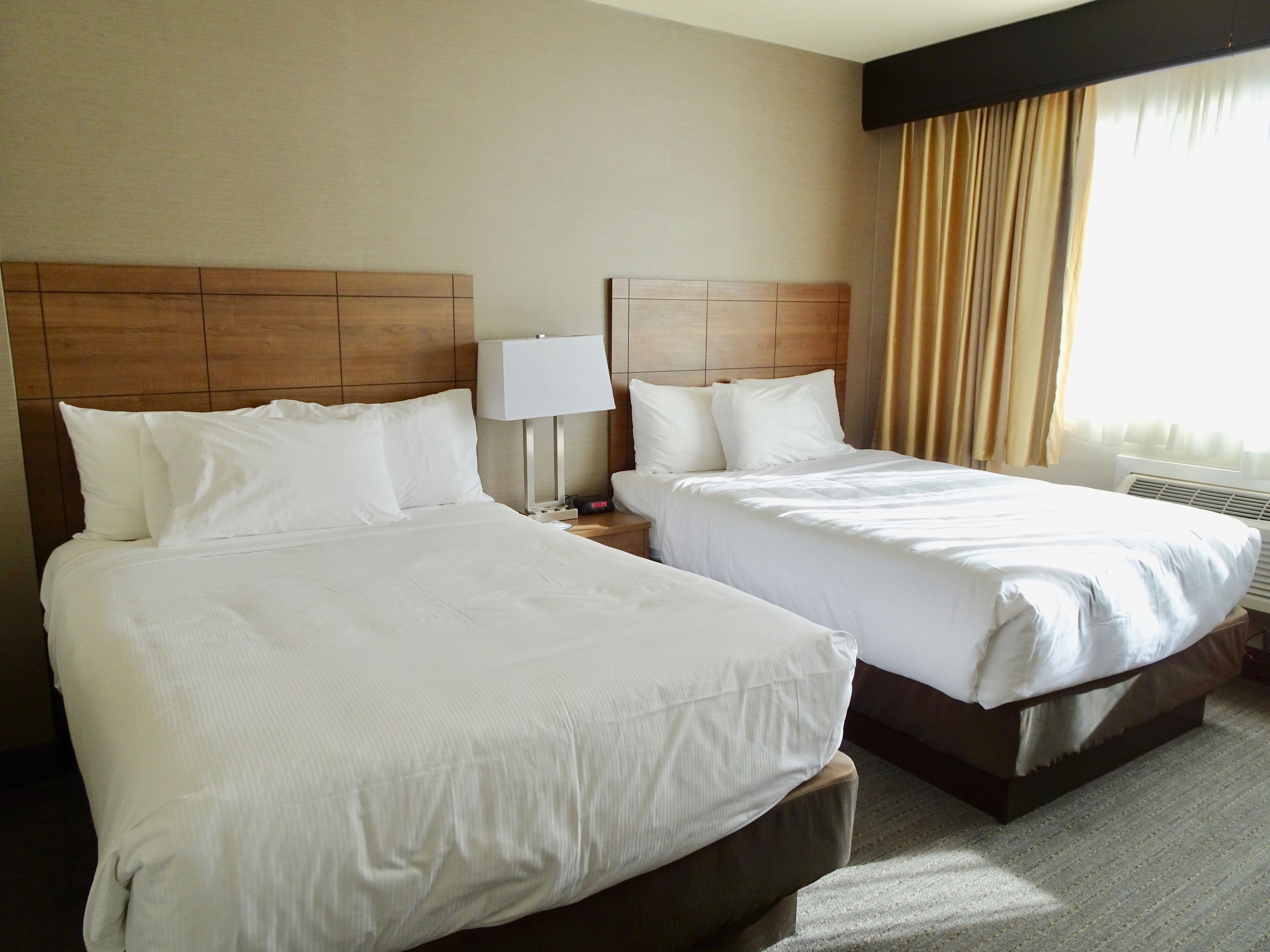 Two single beds with wooden headboards, white bedding, a bedside table with a lamp, and a window with curtains.