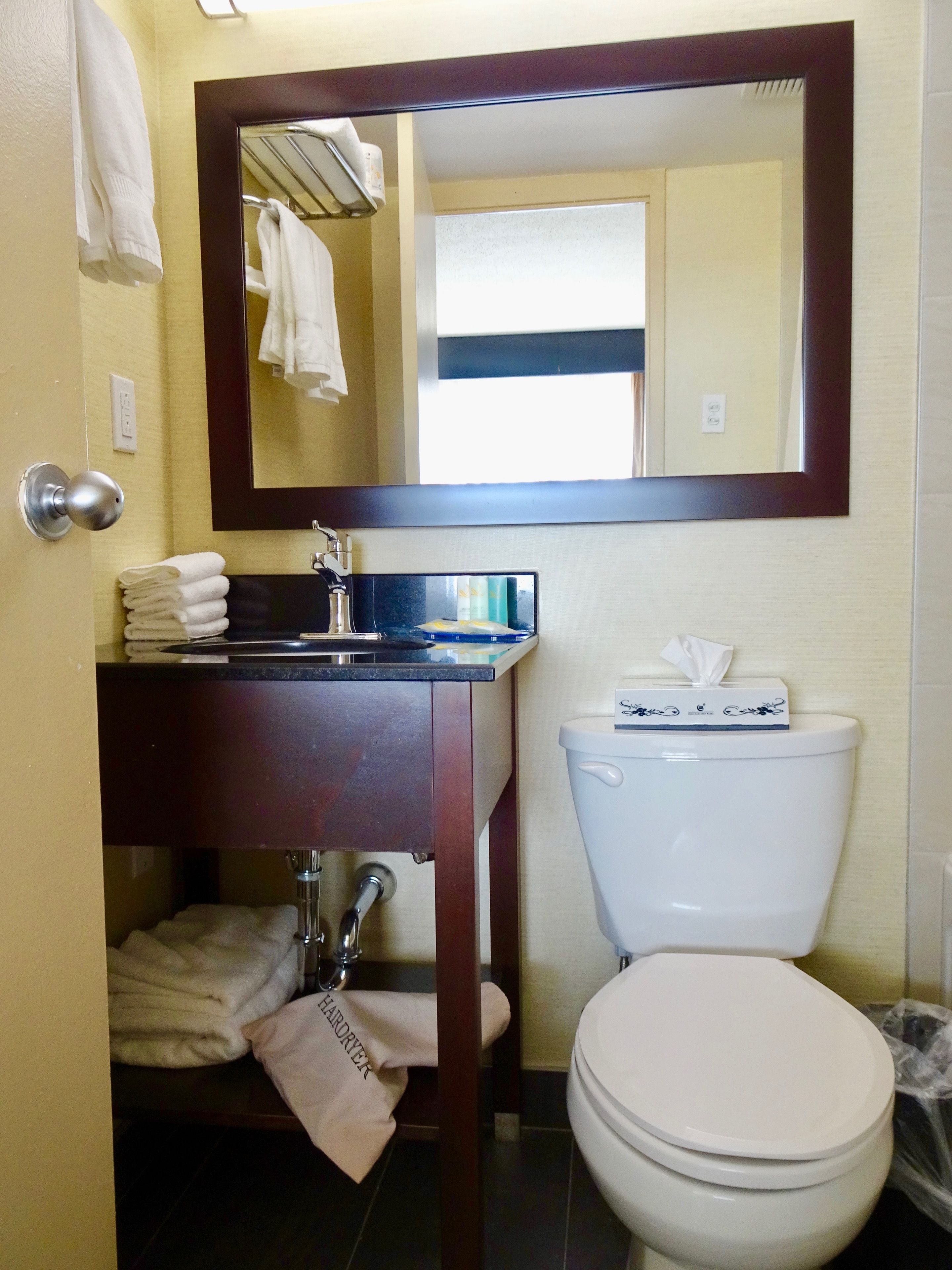 Un baño con lavamanos, espejo e inodoro.