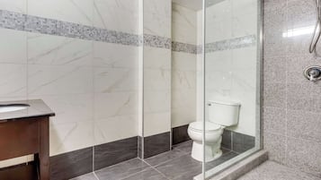 A bathroom with a glass shower enclosure, a toilet, and a sink with a dark countertop.