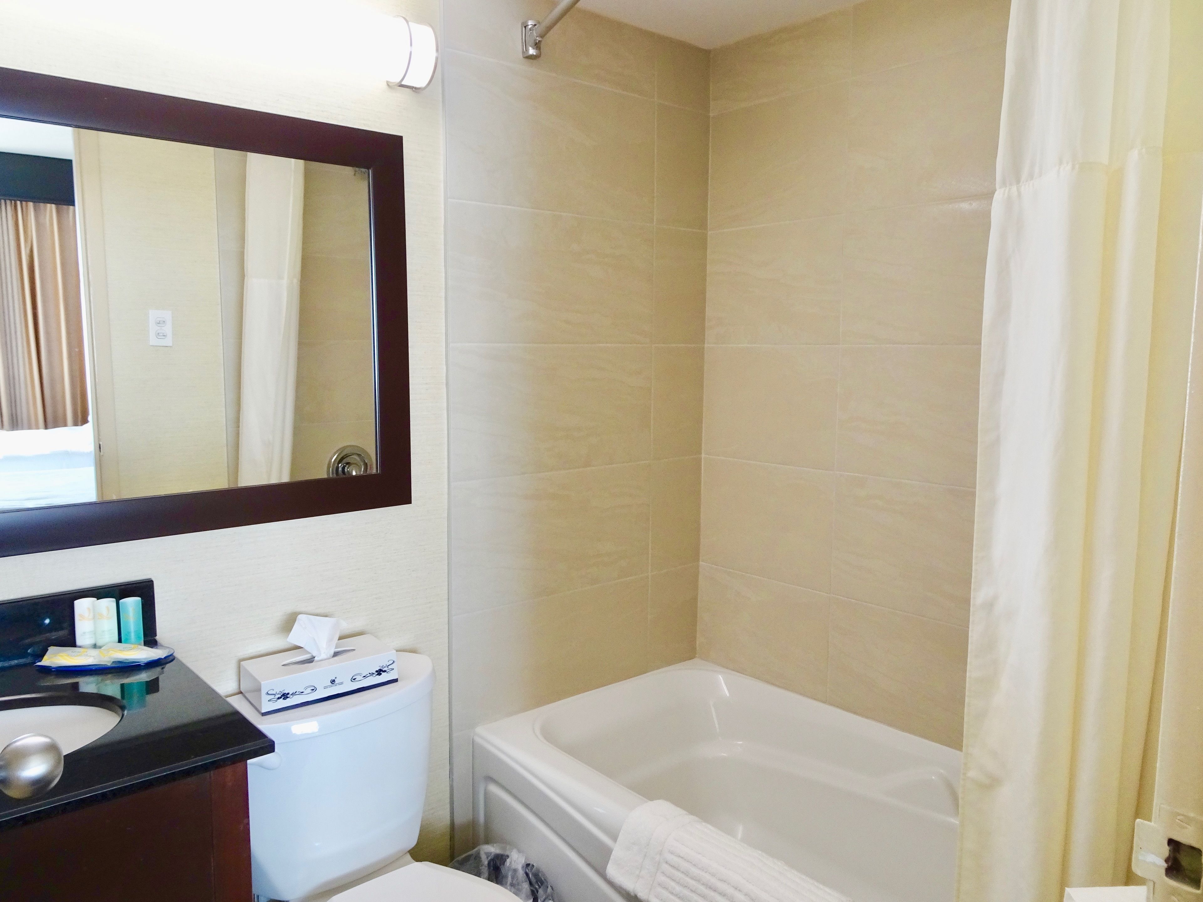 Ein Badezimmer mit einer Badewanne, einer Toilette, einem Waschbecken mit Pflegeartikeln und einem Spiegel.