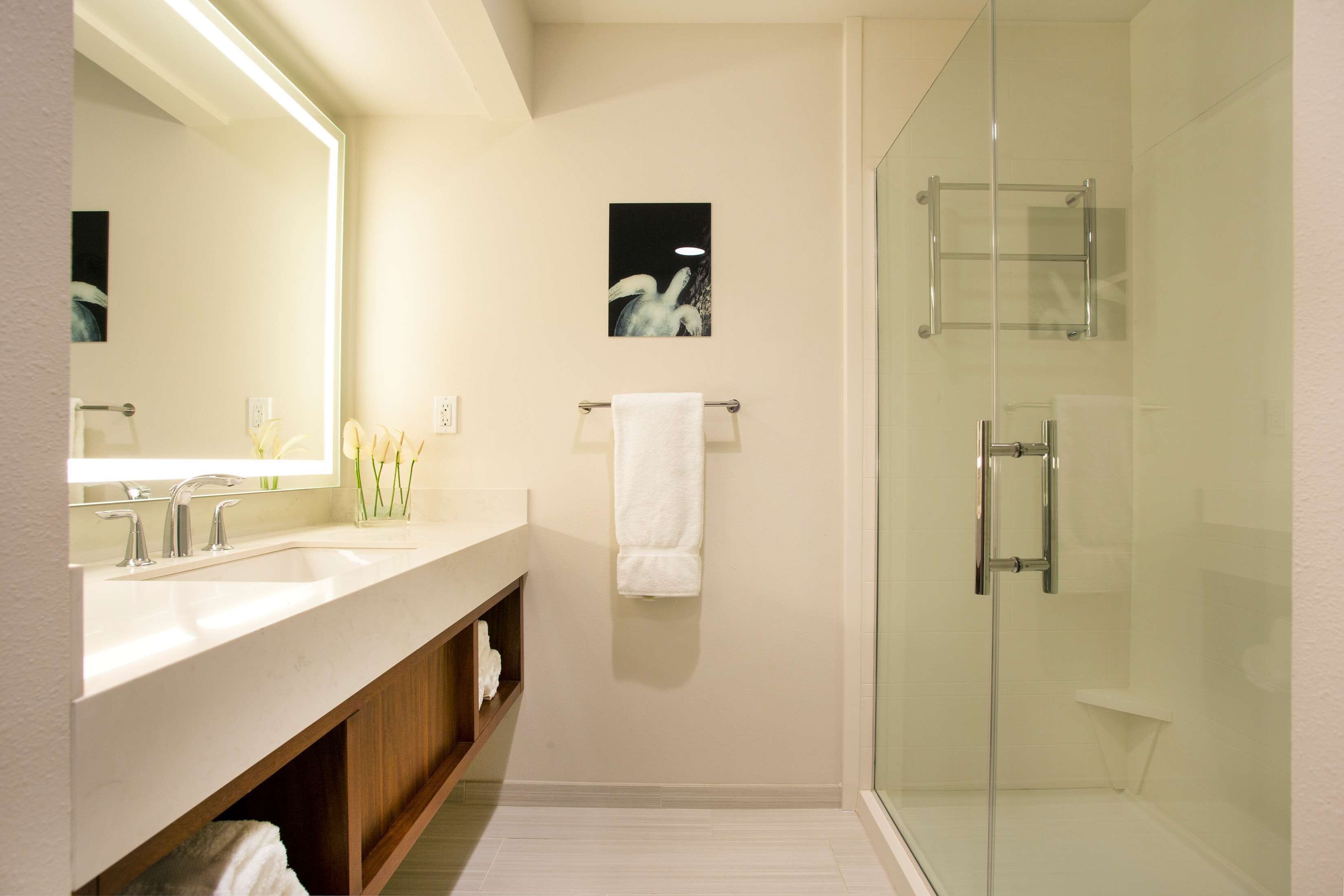 A modern bathroom with a glass-enclosed shower, a large mirror, and a vanity with a sink and towel rack.