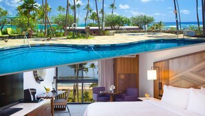 Une chambre d’hôtel avec vue sur une piscine et une plage, un bureau avec une machine à café et un lit avec du linge de maison blanc.