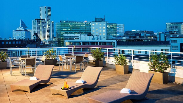 Une terrasse sur le toit, aménagée avec des chaises longues, des plantes en pot et offrant une vue panoramique sur la ville.