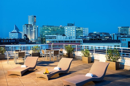 A rooftop terrace with lounge chairs, potted plants, and a city skyline view.