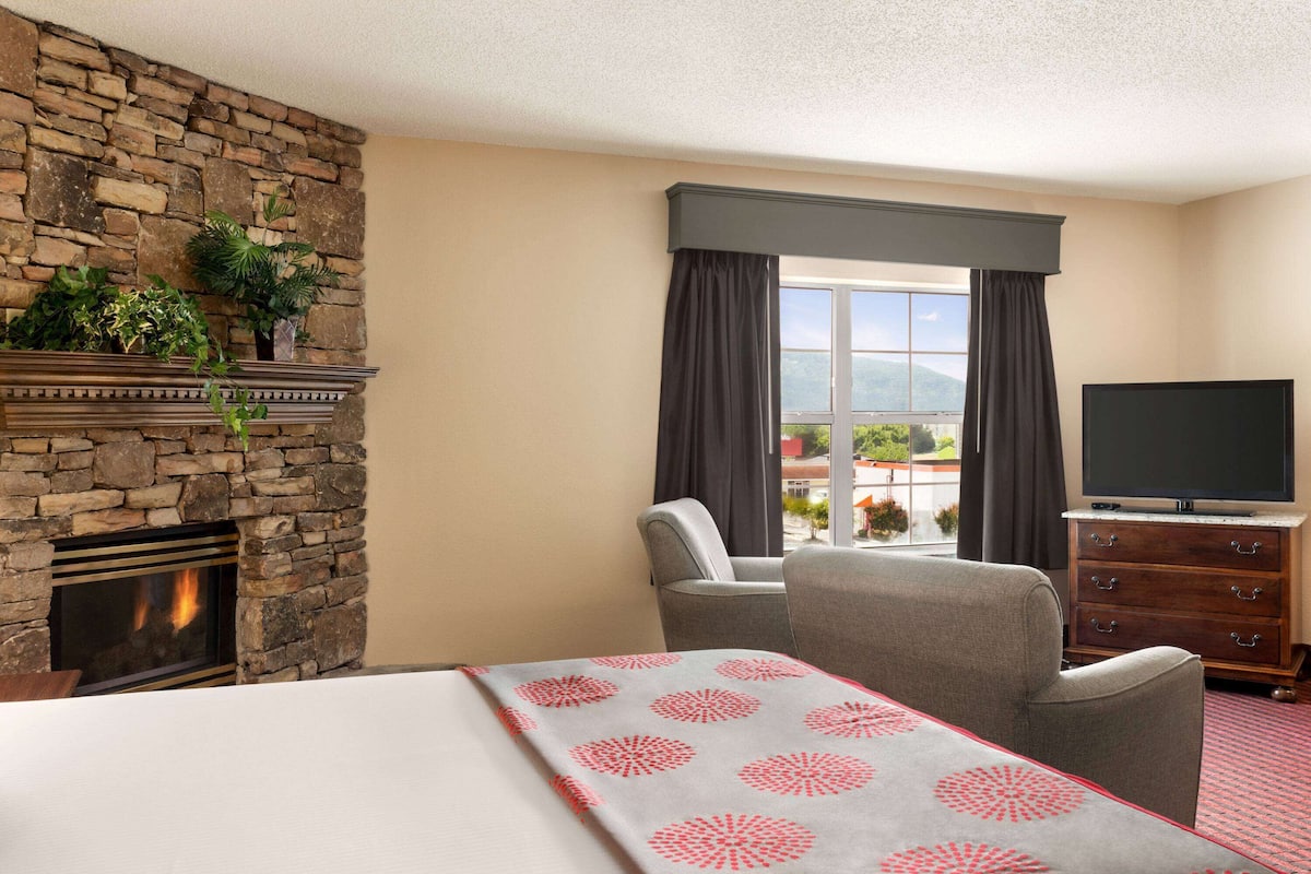 Habitación de hotel con chimenea de piedra, una cama grande, televisión y vistas al exterior.
