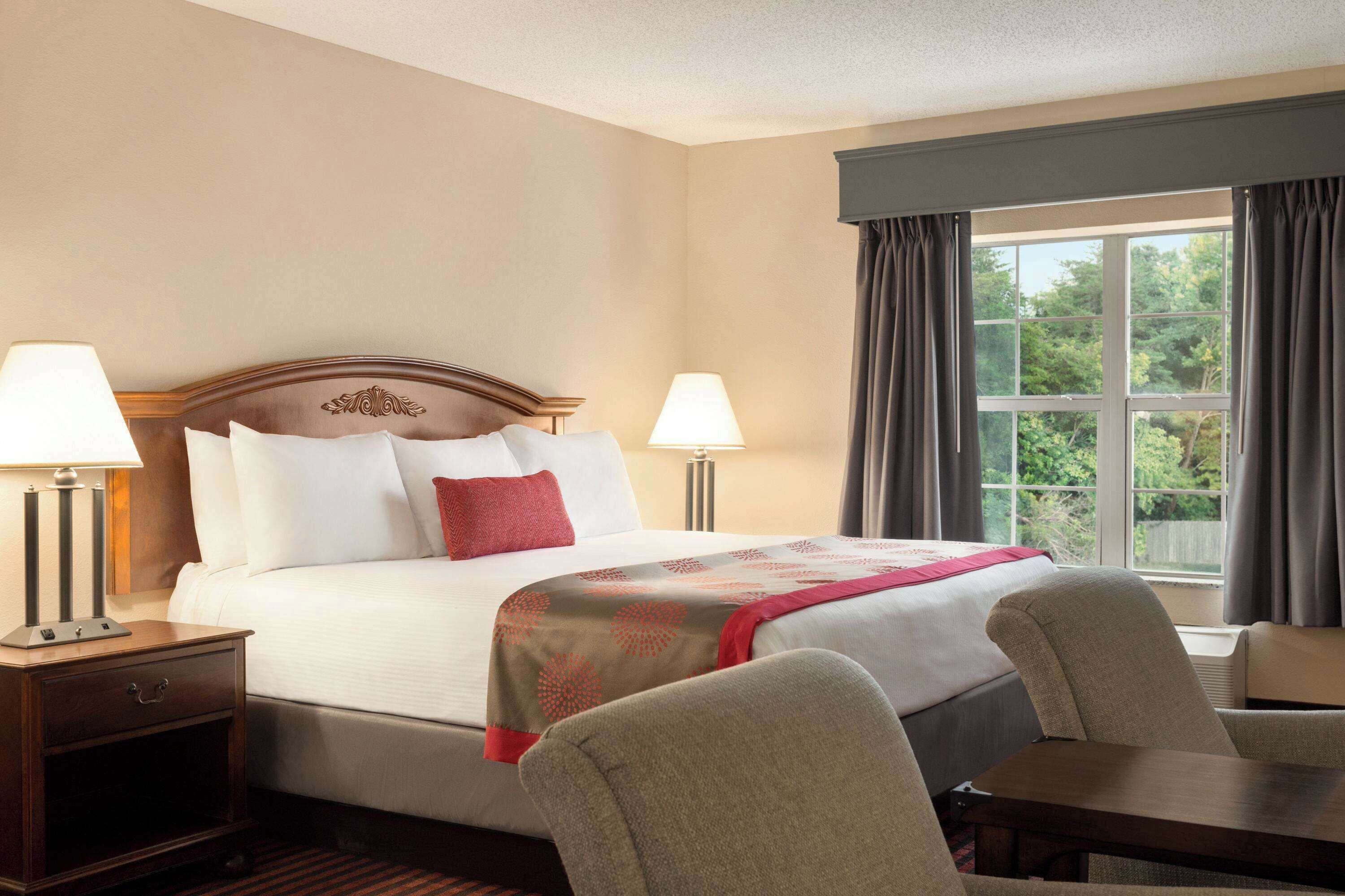 A hotel room with a large bed, two bedside tables with lamps, a window with curtains, and a view of greenery outside.