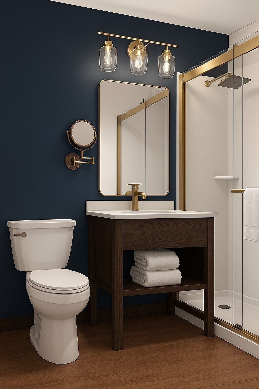 Een moderne badkamer met toilet, wastafel en spiegel.