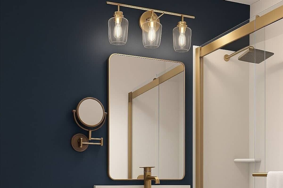 A modern bathroom with a toilet, sink, and mirror.