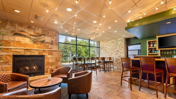 Un espacio interior acogedor con chimenea, paredes de piedra y un bar con un muro verde.