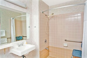 Chambre, 1 grand lit, accessible aux personnes à mobilité réduite, non-fumeur | Salle de bain | Douche, articles de toilette (gratuits), séchoir à cheveux