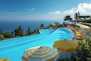 Outdoor pool, pool umbrellas, pool loungers