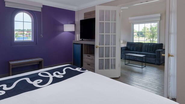 Una habitación de hotel con cama, televisión, escritorio y sofá.