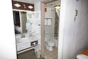 Combined shower/tub, free toiletries, hair dryer, towels