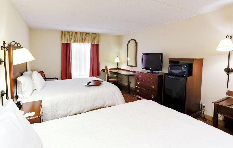 Desk, laptop workspace, blackout curtains, iron/ironing board