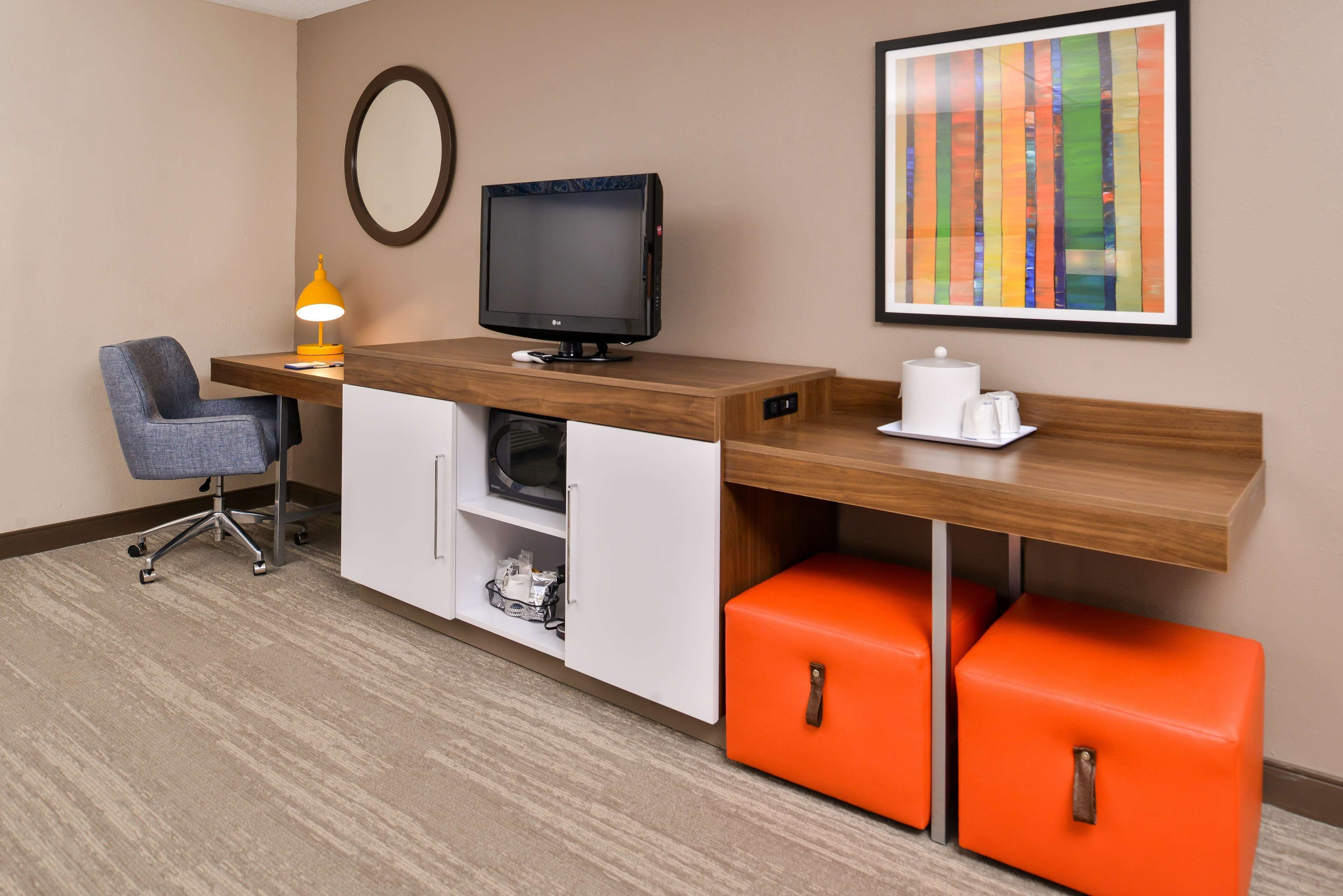 desk, laptop workspace, blackout curtains, iron/ironing board