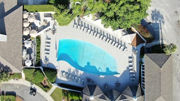 Una piscina al aire libre, camas de piscina con cargo, sombrillas
