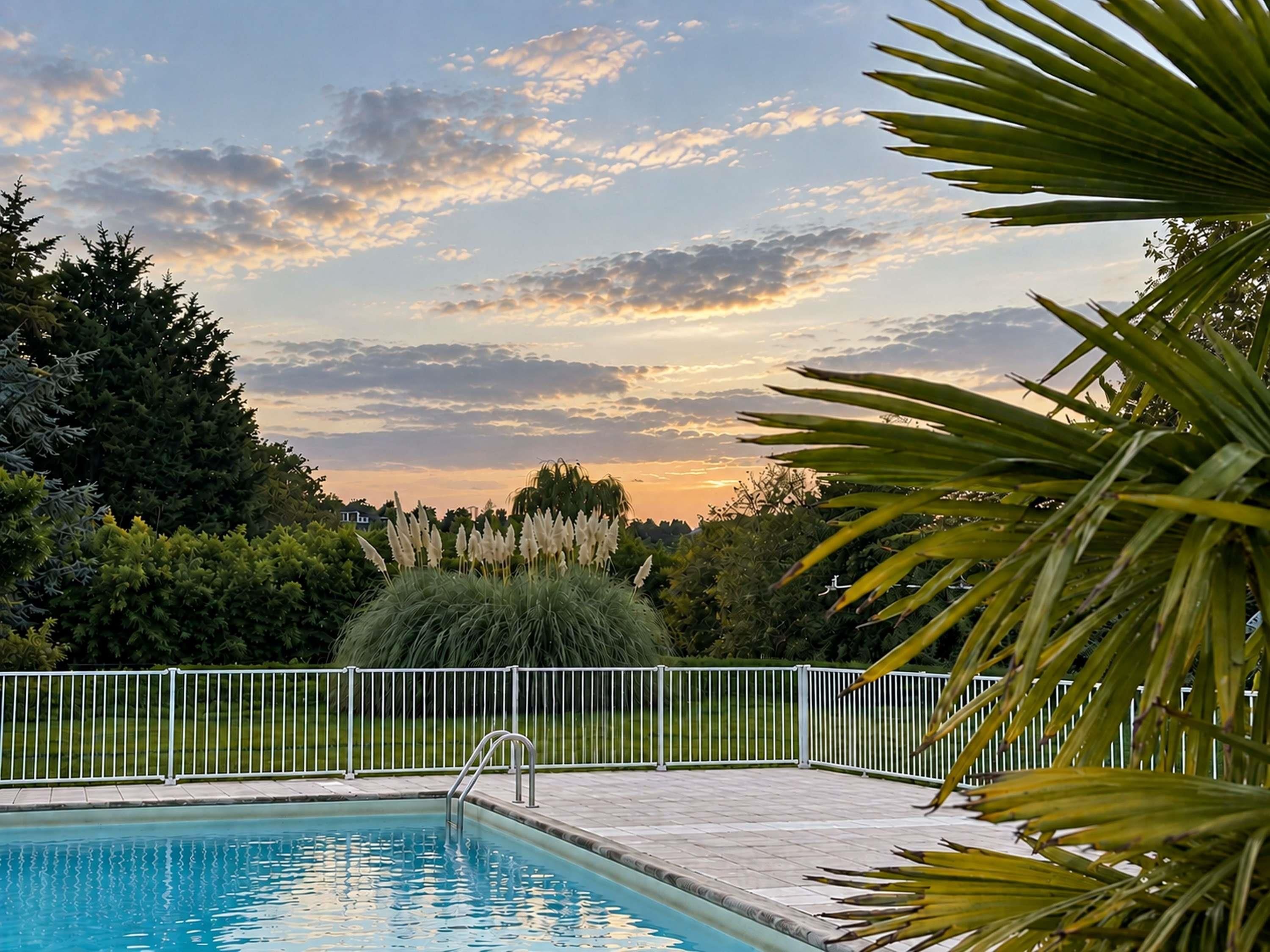 Une piscine entourée d’une clôture blanche, bordée de verdure et d’arbres, sous un ciel au coucher du soleil.