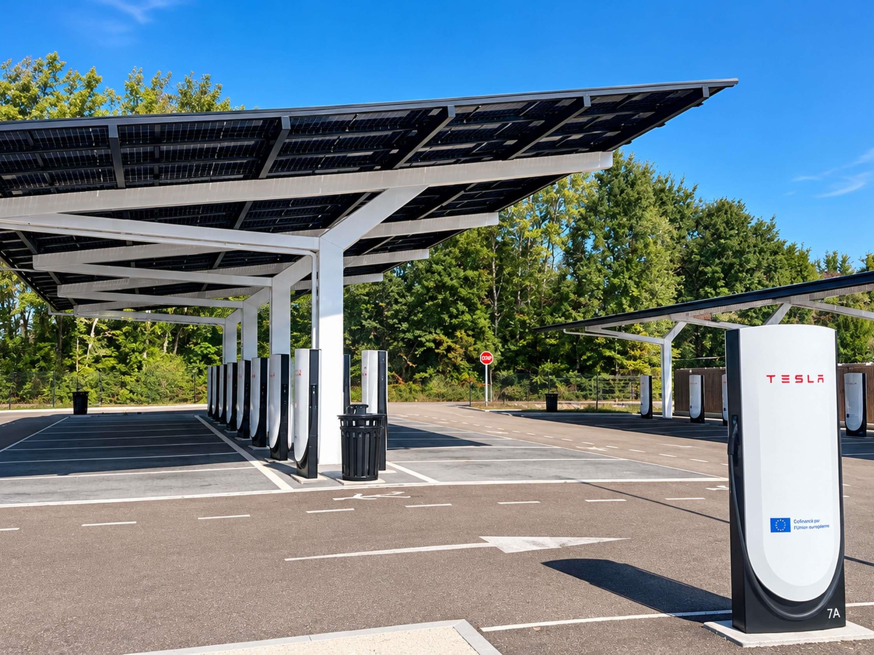 A Tesla charging station with multiple charging points, a covered parking area, and a clear sky.