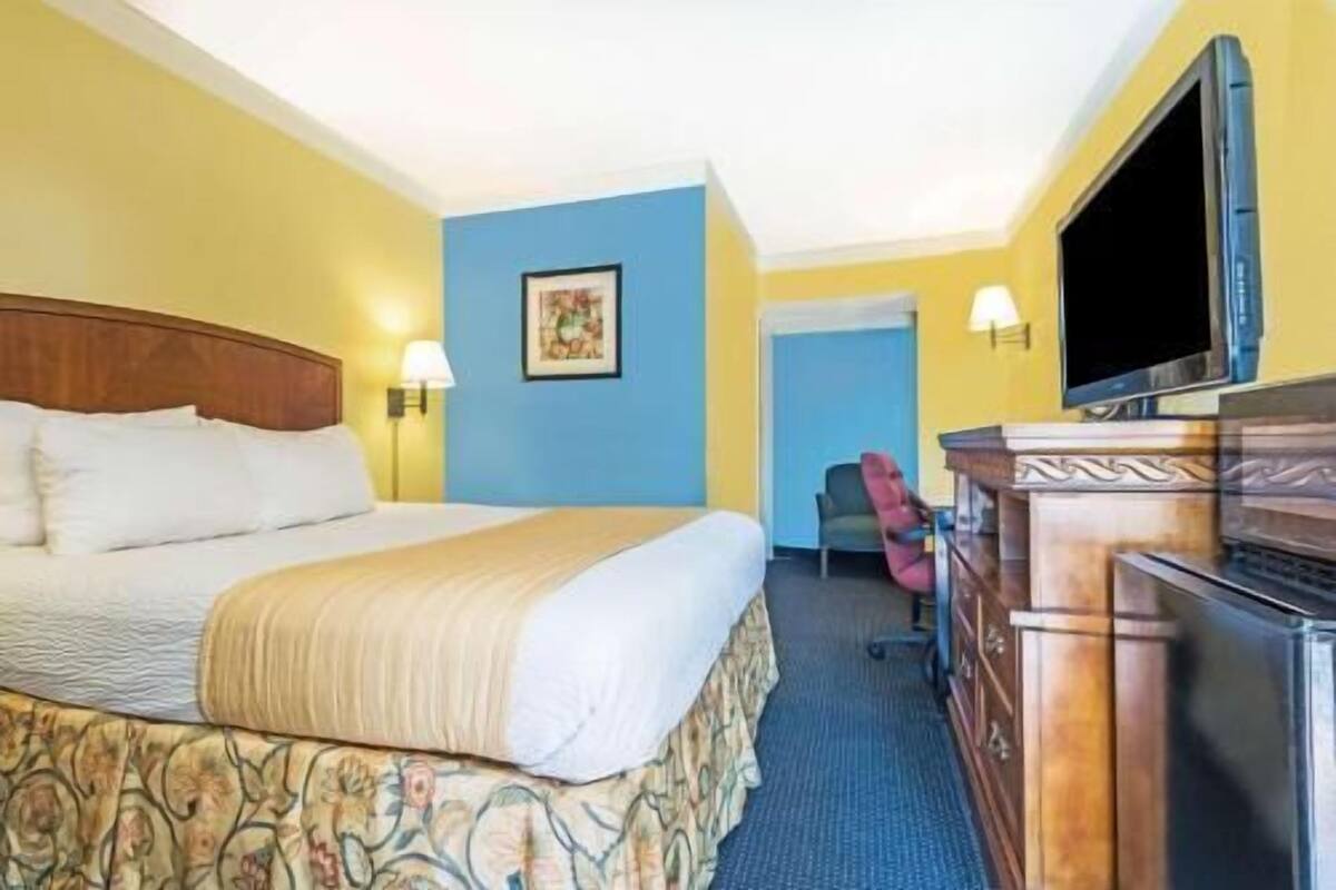 A hotel room with a bed, a television, a desk with a computer, and a chair.
