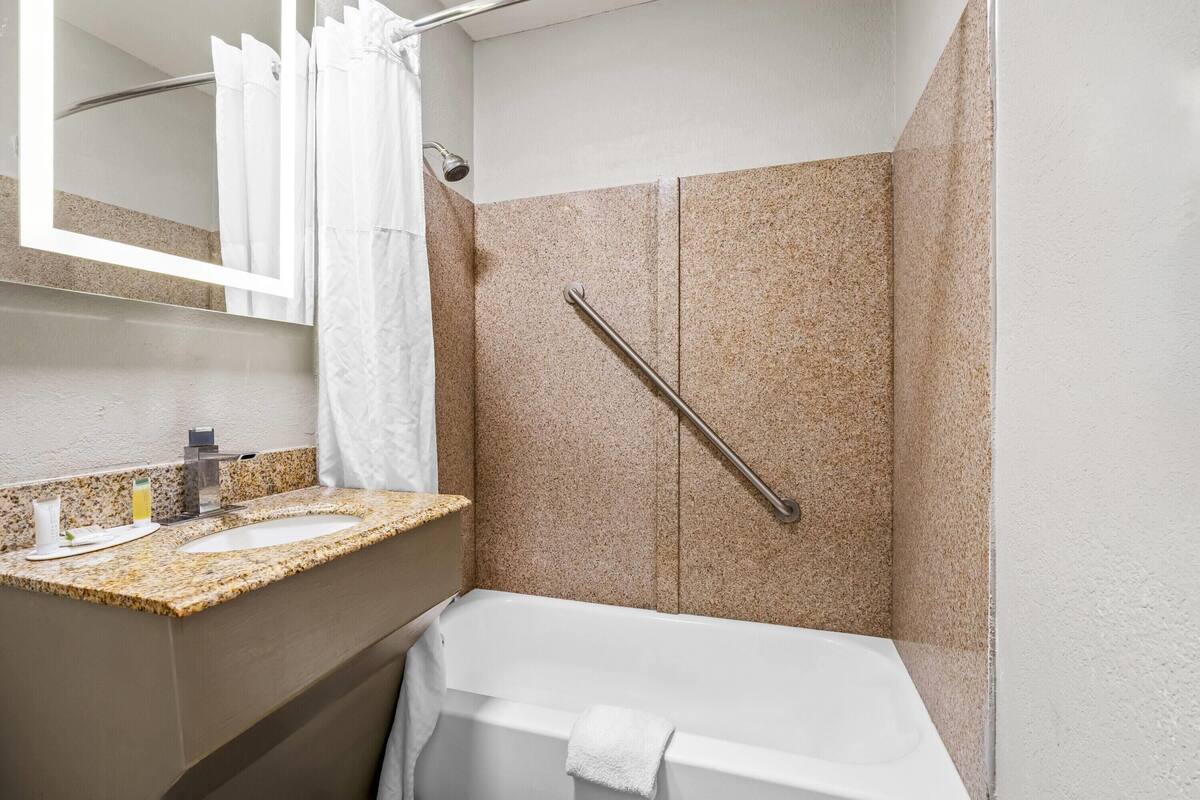 A bathroom with a shower, a bathtub, a sink, and a mirror.
