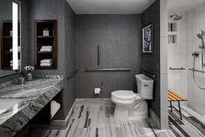 Shower, rainfall showerhead, designer toiletries, hair dryer