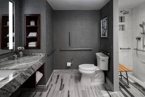 Shower, rainfall showerhead, designer toiletries, hair dryer
