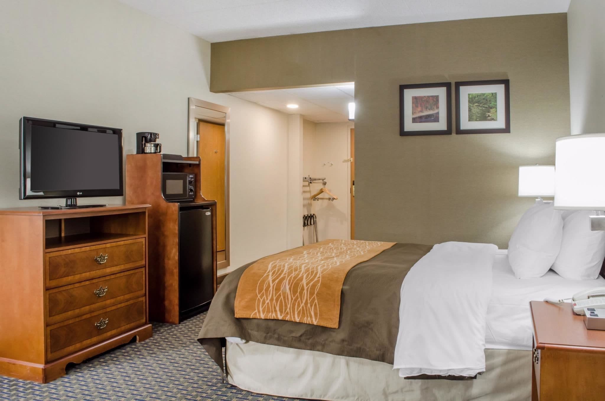 A hotel room with a bed, a TV, a desk with a lamp, and a microwave.