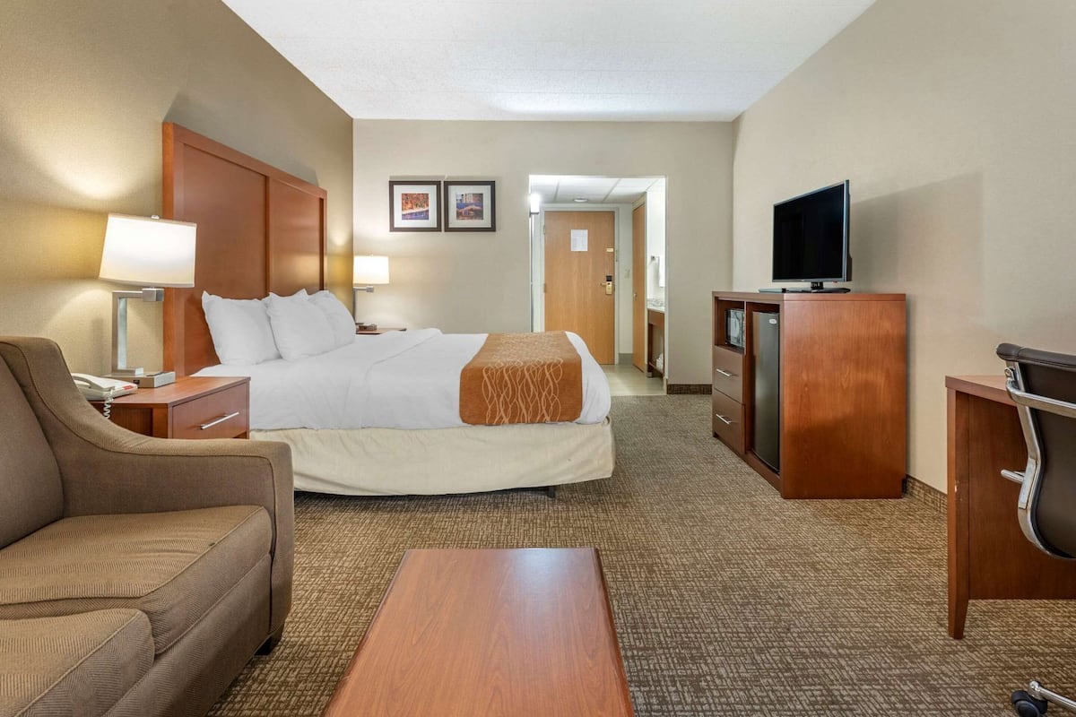 Una habitación de hotel con cama, escritorio, televisor, silla y lámpara.