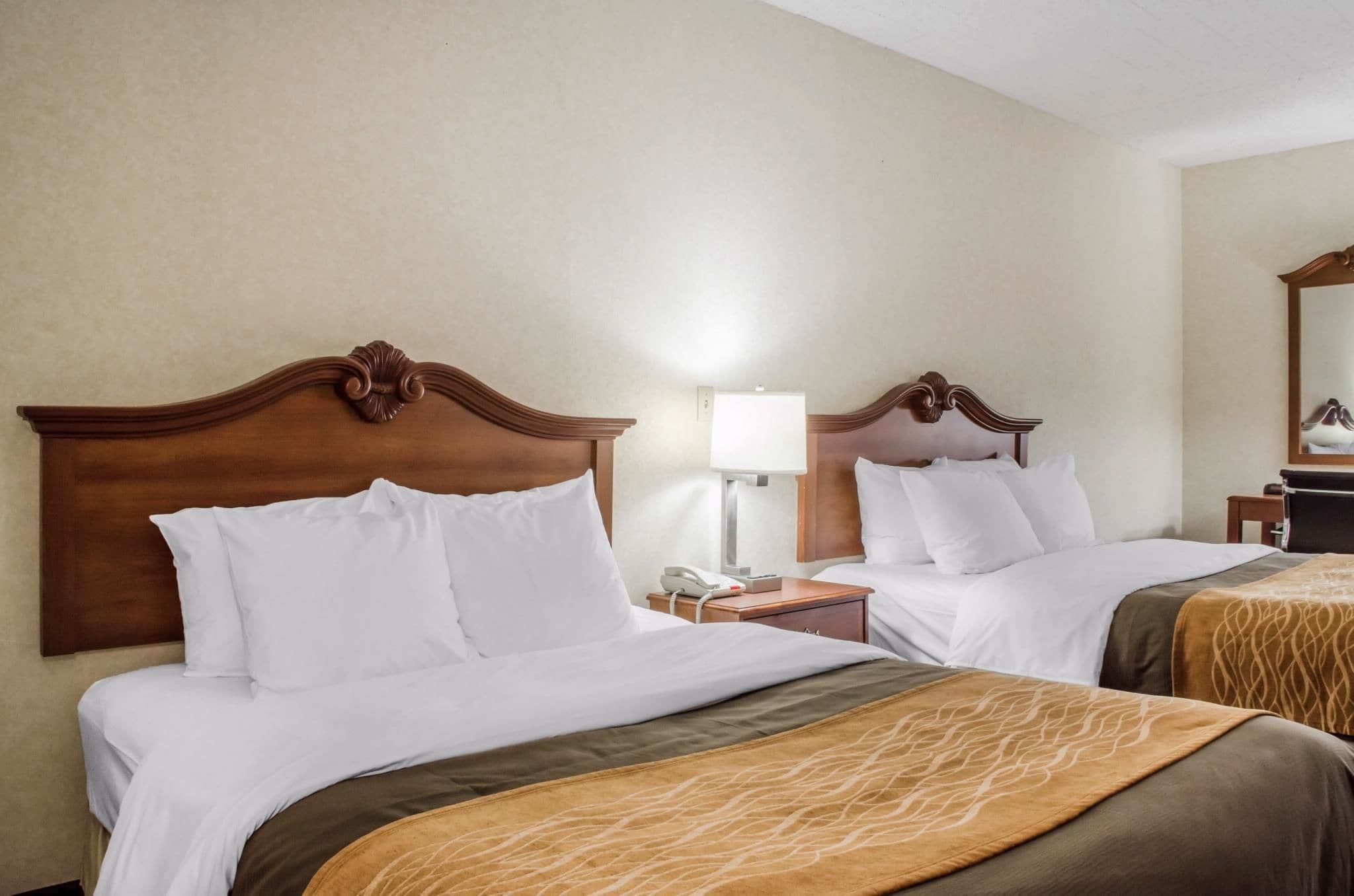 A hotel room with two beds, each with a wooden headboard, white bedding, and a brown patterned throw. There is a bedside table with a lamp and a phone.