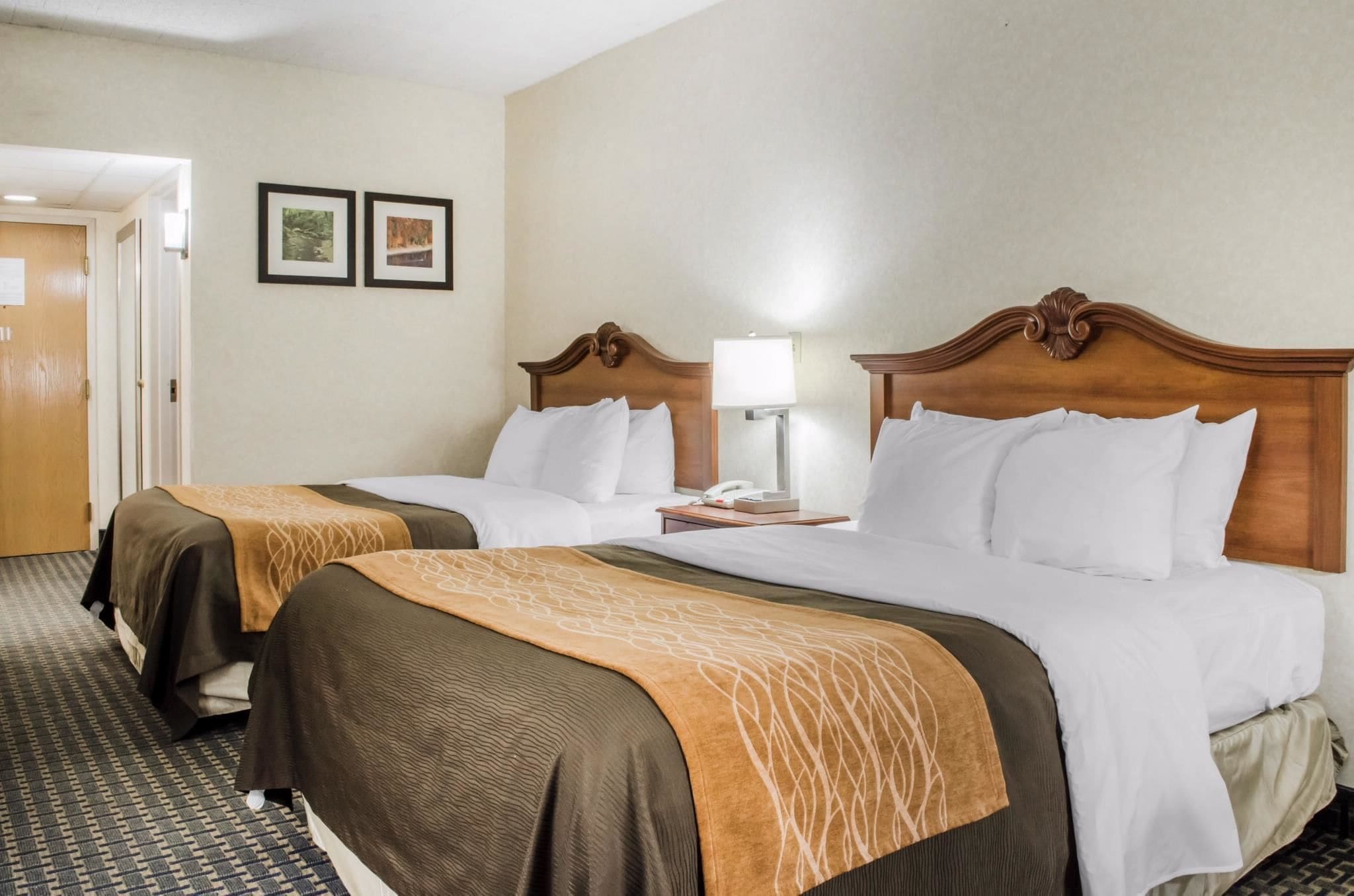 A hotel room with two beds, each with a wooden headboard, white bedding, and a brown decorative throw. There is a bedside table with a lamp and a phone. The room has a carpeted floor and a door leading to another room.