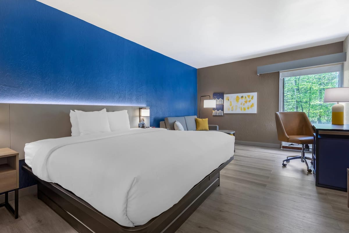 Habitación de hotel con una cama grande, un escritorio, una silla, una lámpara y obras de arte en la pared.