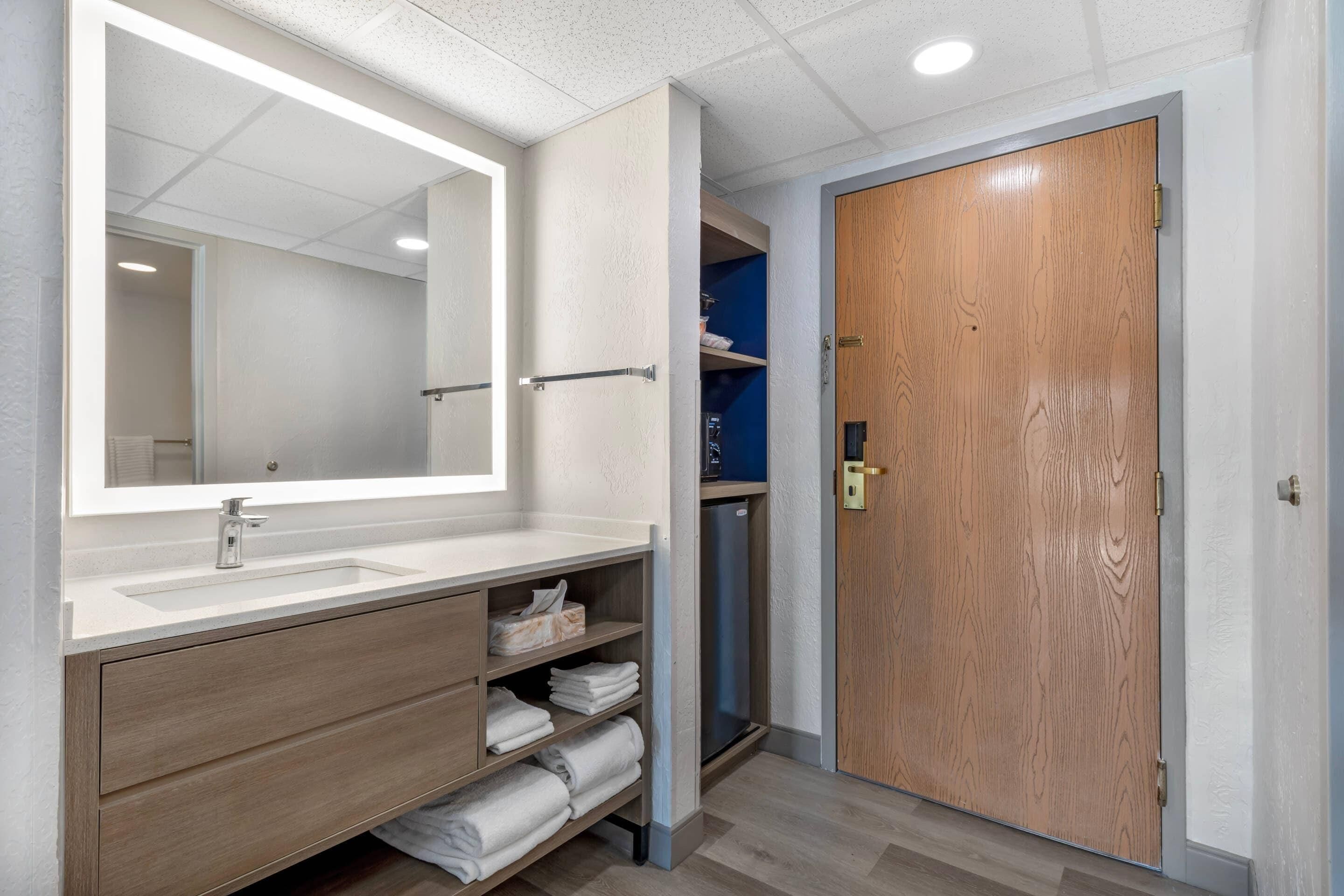 A bathroom with a large mirror, a sink, and a wooden door.