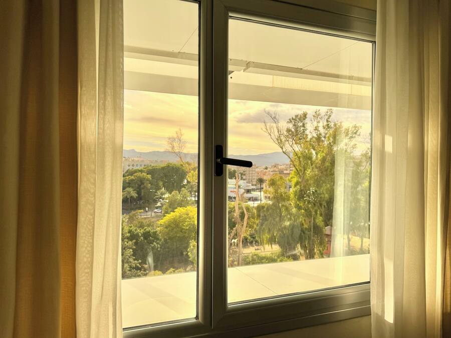 A window with a view of a cityscape, including buildings and trees.