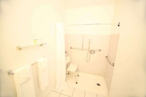 Huone, 1 keskisuuri parisänky, esteetön, tupakointi kielletty (Mobility, Roll-In Shower) | Kylpyhuone | Suihku, hierova suihkupää, ilmaiset hygieniatuotteet, hiustenkuivaaja