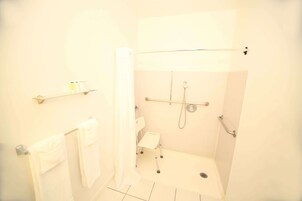 Room, 1 Queen Bed, Accessible, Non Smoking (Mobility, Roll-In Shower) | Bathroom | Shower, hydromassage showerhead, free toiletries, hair dryer