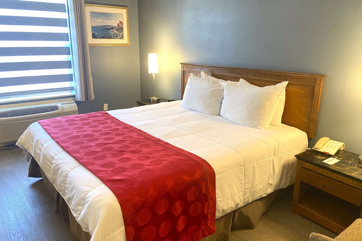 Une chambre d’hôtel avec un lit, une table de chevet avec une lampe et une petite table de nuit avec un téléphone.