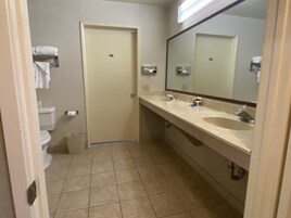 Un bagno con il water, un lavandino, uno specchio e un portascopevoli.