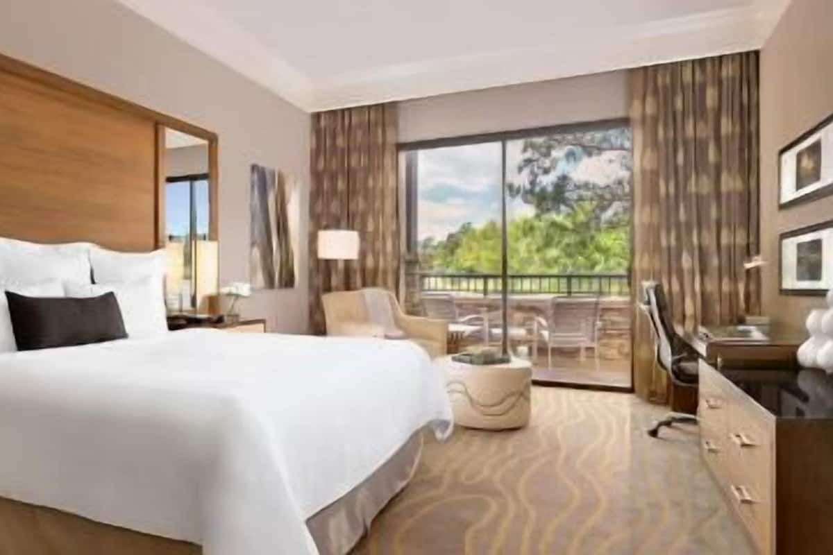 A hotel room with a large bed, a desk, a chair, a TV, and a balcony with a view.