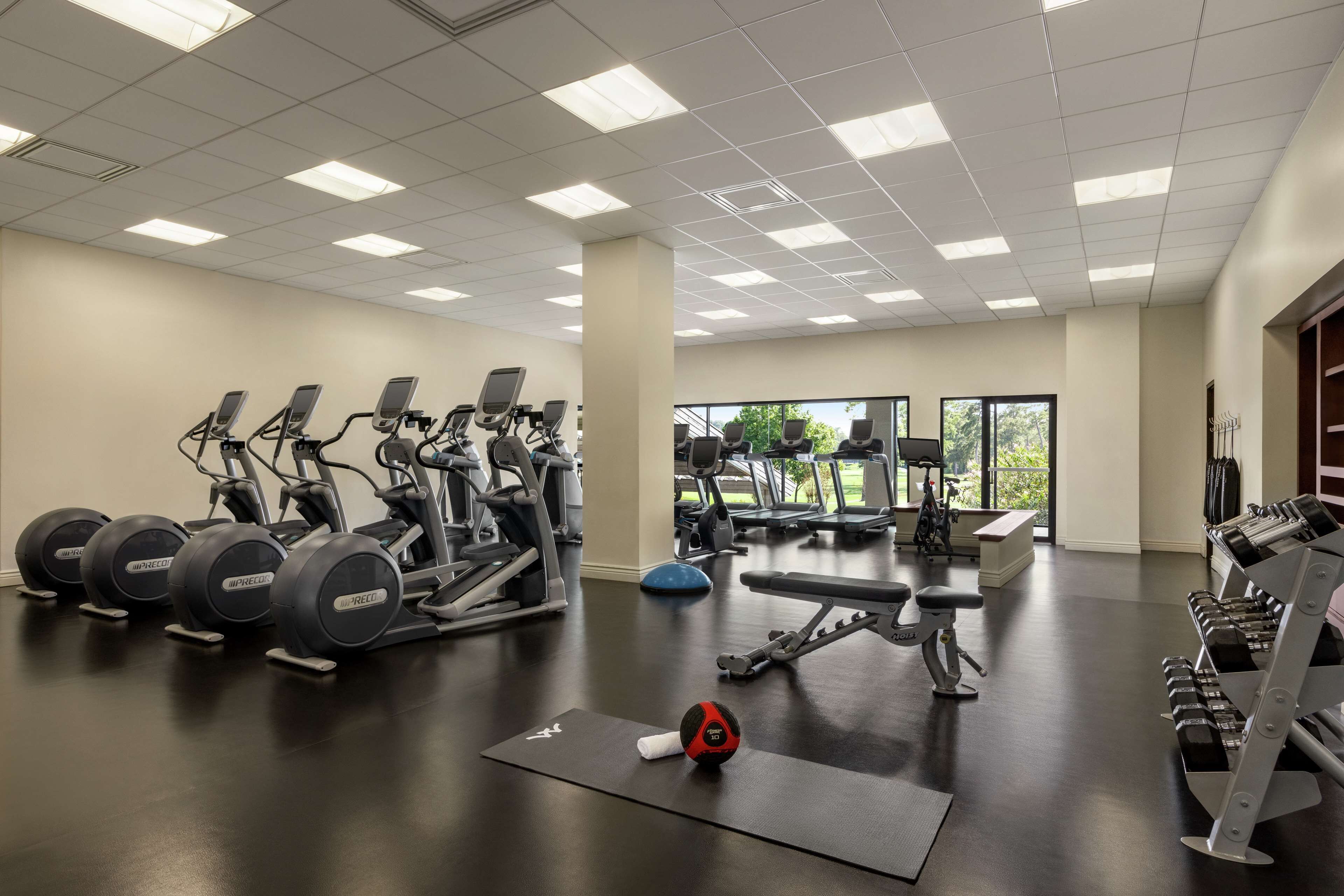 A gym with treadmills, ellipticals, and free weights.