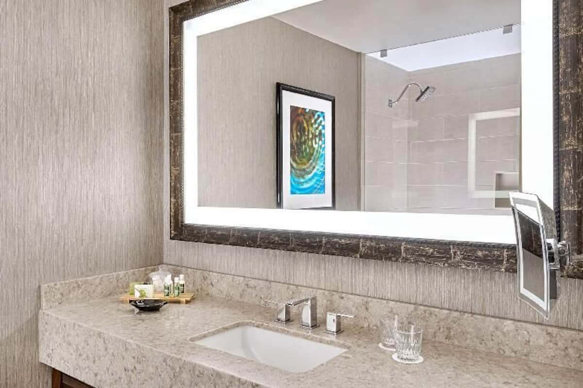 Ensemble douche/baignoire, articles de toilette de luxe, sĂšche-cheveux