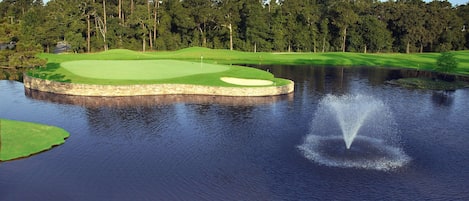 A golf course with a pond, trees, and a fountain.