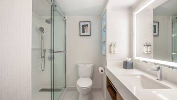 A modern bathroom with a glass-enclosed shower, a white toilet, and a large mirror above a sink.