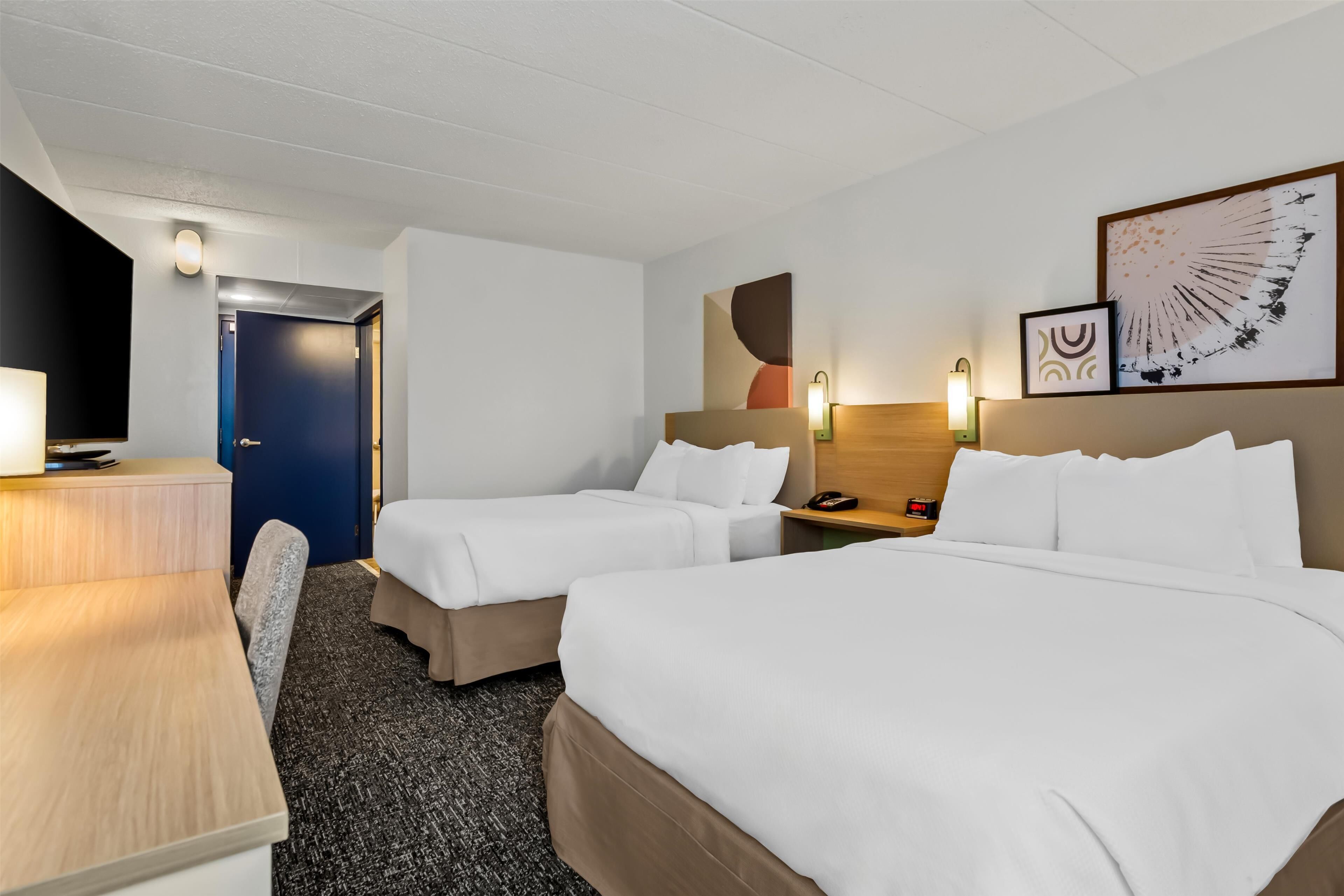 Room, 2 Double Beds, Accessible (Mobility & Hearing, Roll-In Shower) | Iron/ironing board, free cots/infant beds, rollaway beds, free WiFi