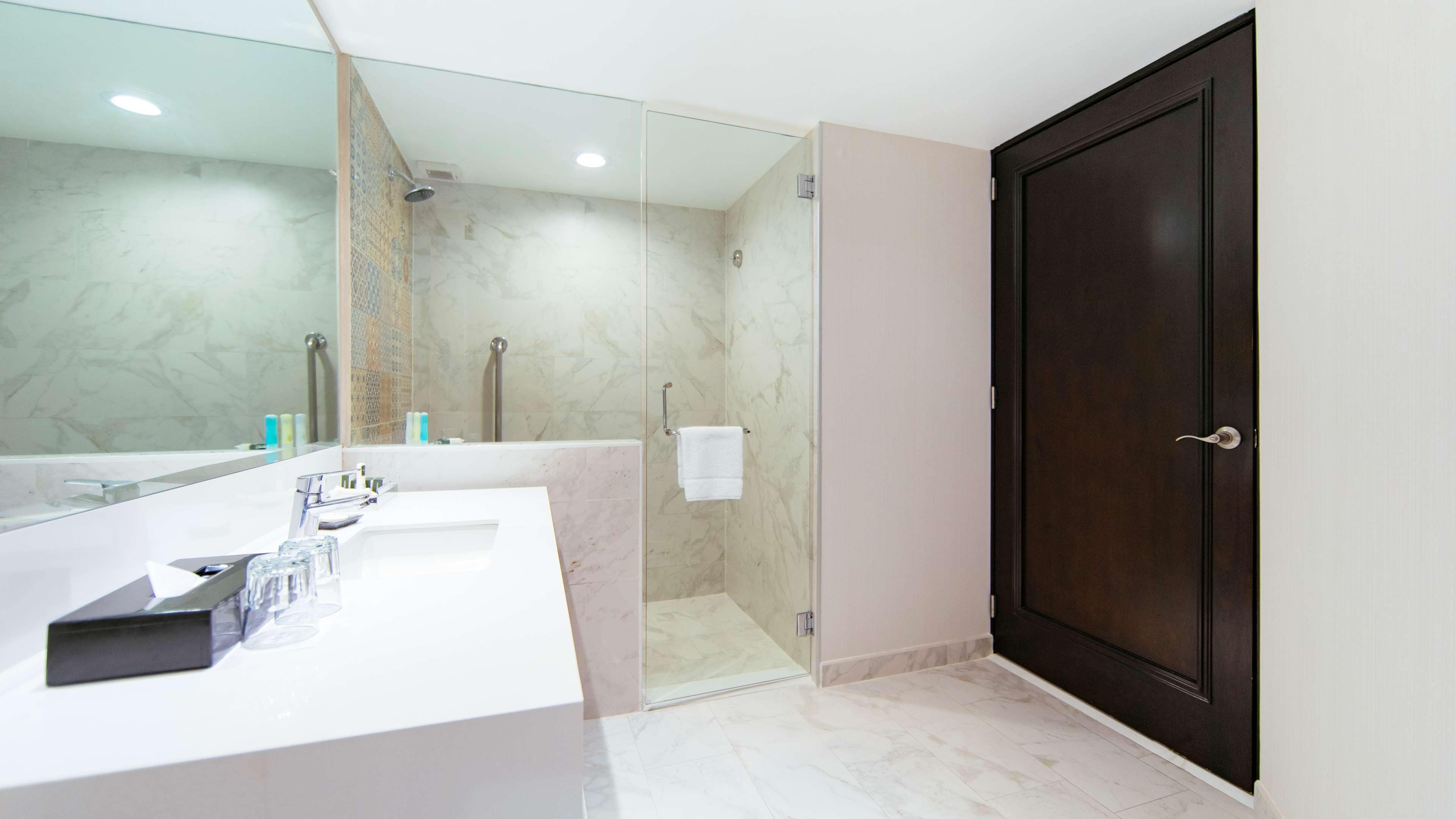 Un baño moderno con cabina de ducha de vidrio, un lavabo blanco con artículos de tocador y una puerta de madera oscura.