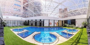 Indoor pool, open 6 AM to 8 PM, pool loungers