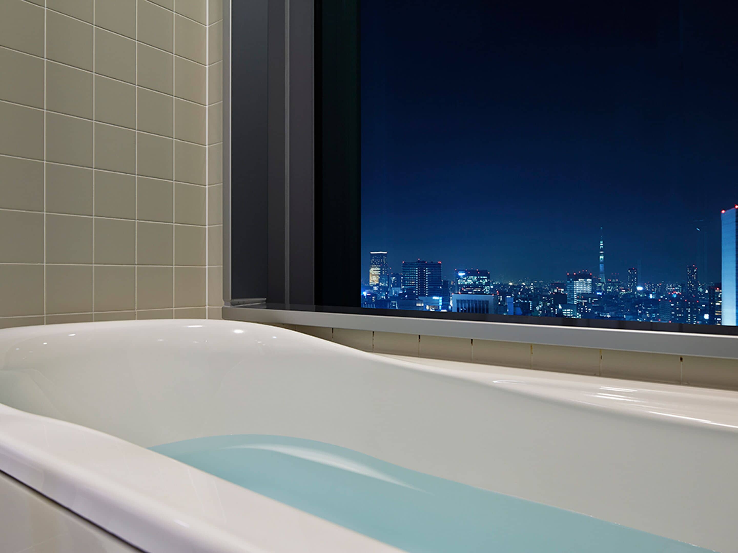 A bathtub with a cityscape view at night.