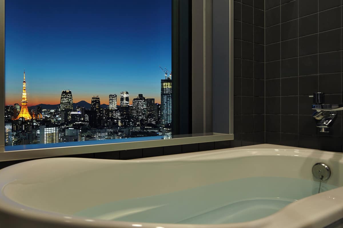 Separate tub and shower, free toiletries, hair dryer, slippers