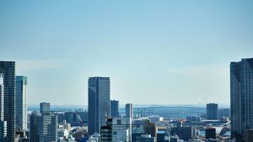A cityscape with high-rise buildings, a bridge in the distance, and a clear sky.